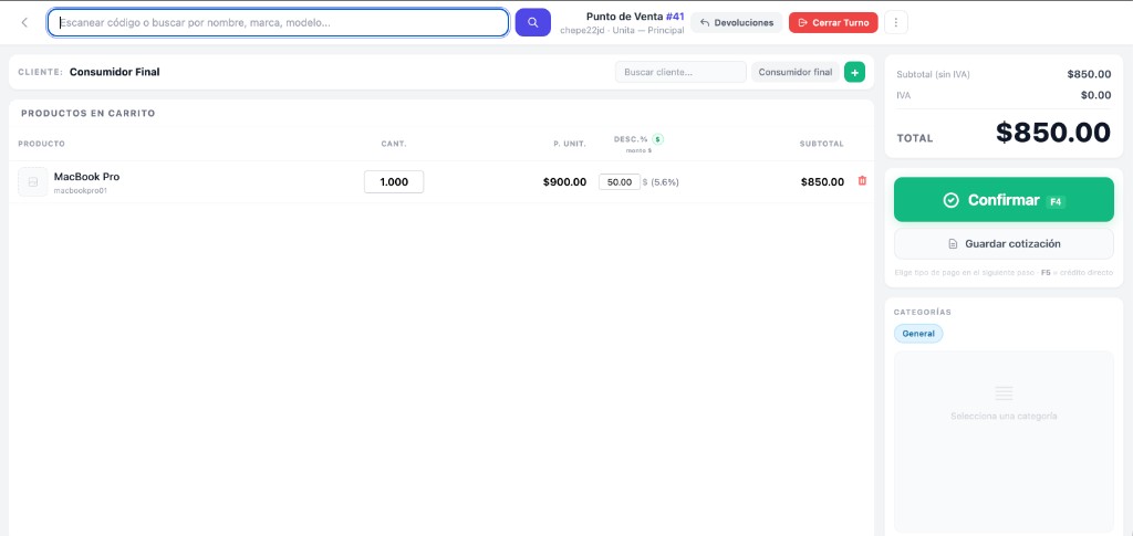 Punto de venta de ManejoPOS con carrito, descuentos y confirmación de venta